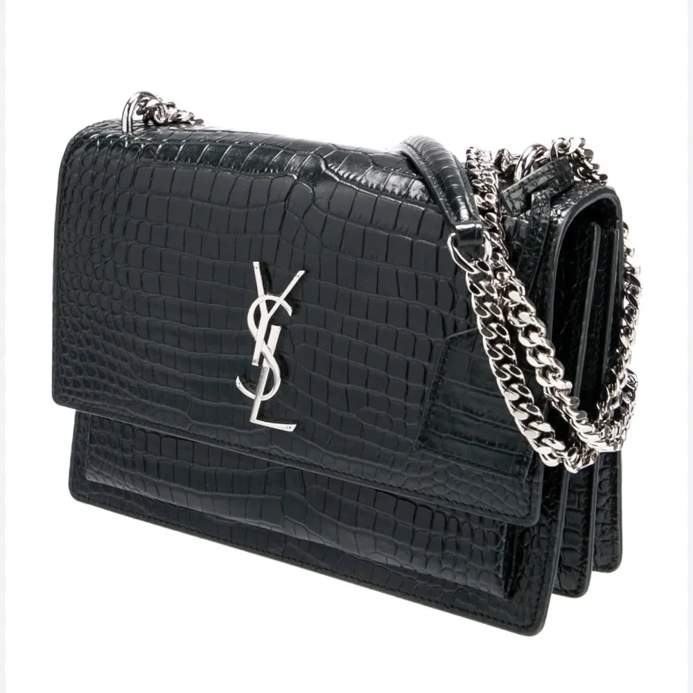 YSL Calfskin Crocodile‎ Embossed Medium Monogram Black Authentic 100%
